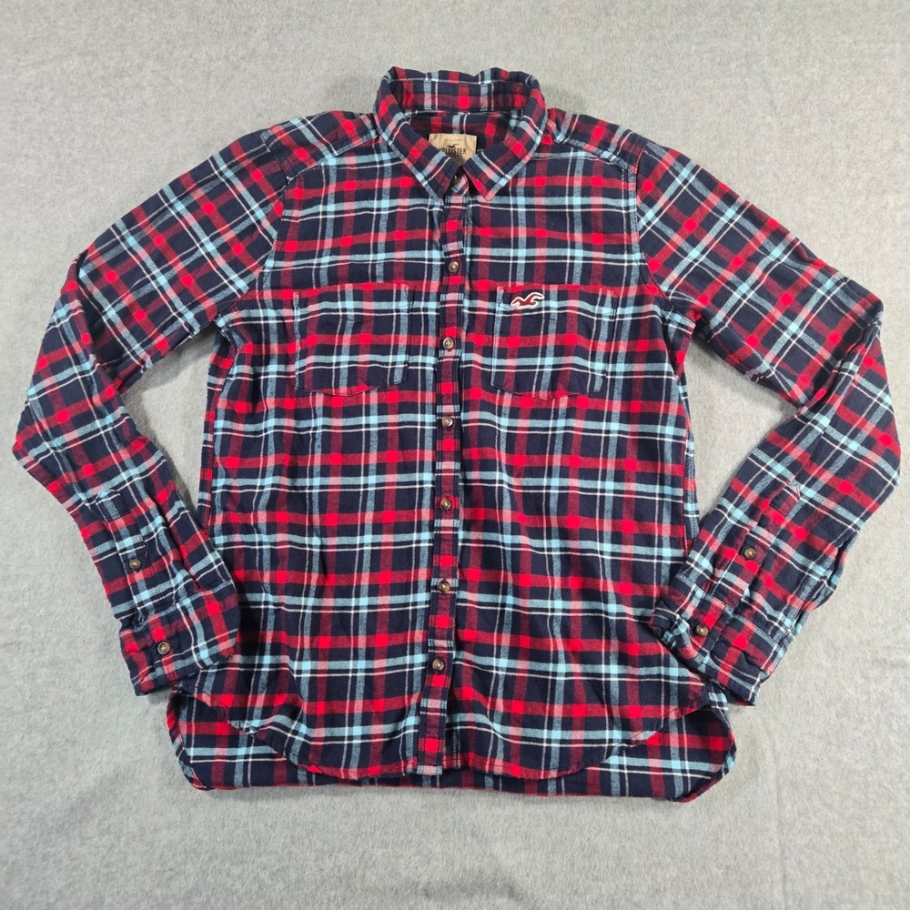 Hollister Mens Flannel Shirt Medium Red Navy Blue Plaid Long Sleeve Button Down